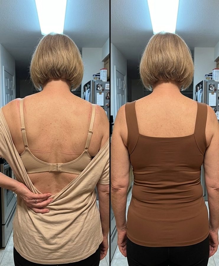 Back view: bra showing under a loose top, then a coffee Maggies Tank