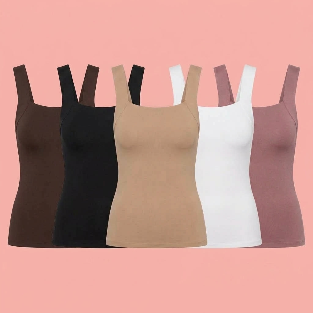 Maggies Tanks women's square neck fitted tank tops in a 5-color bundle: Espresso, Black, Tan, White, and Dusty Mauve.