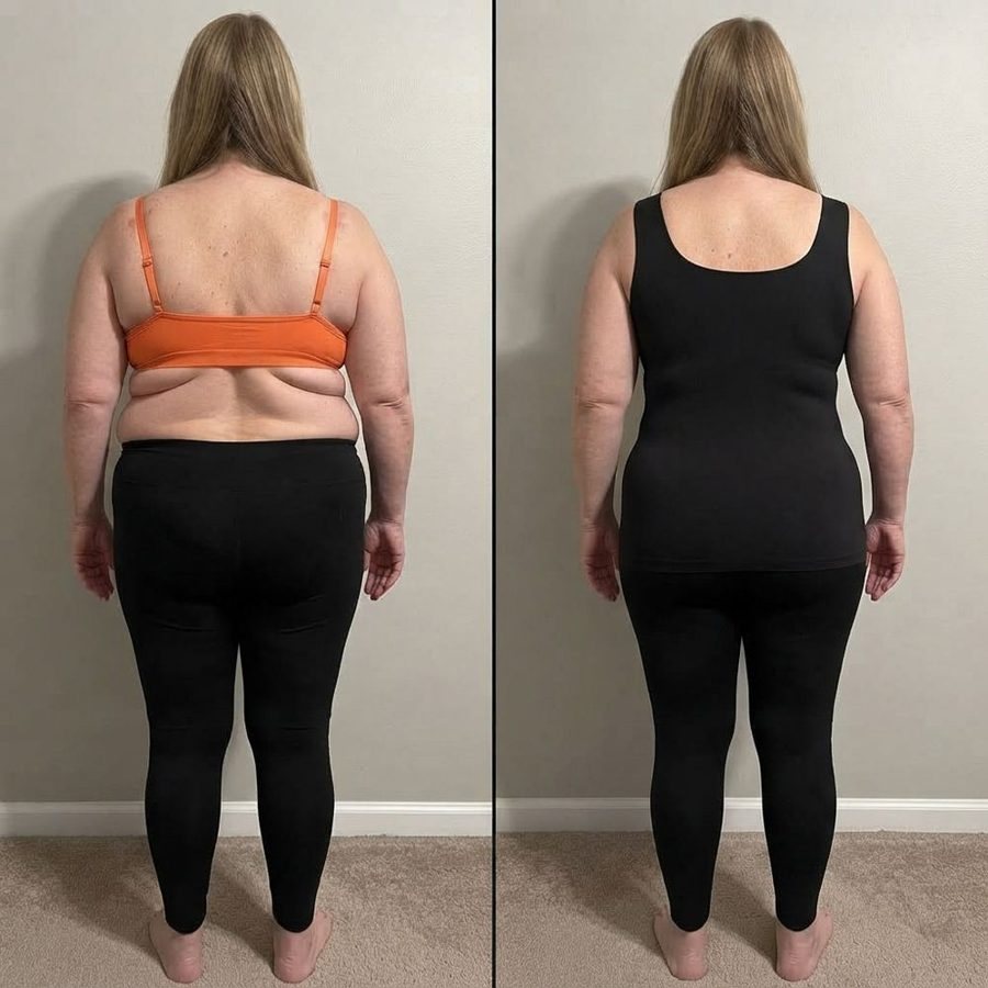 Back view: orange bra with band rolls, then a smooth black Maggies Tank