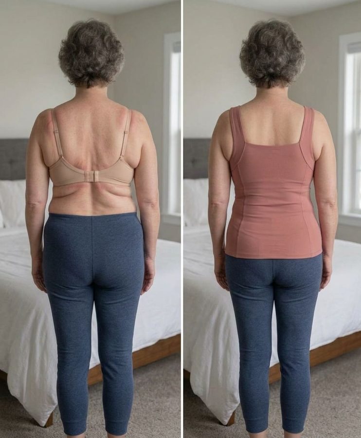 Back view: nude bra leaving red marks, then a smooth dusty rose Maggies Tank
