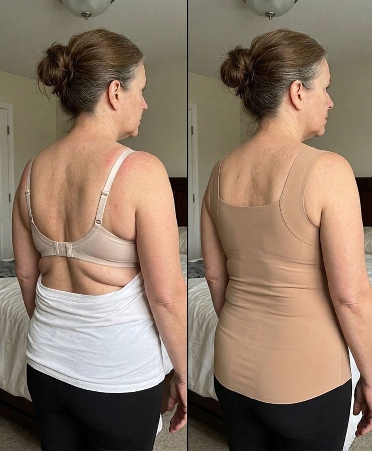 Back view: red strap and band marks from a bra, then a smooth nude Maggies Tank