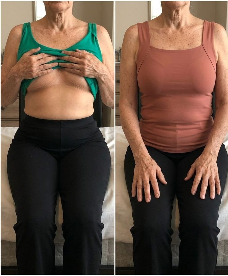 Seated woman lifting a green top beside the same woman in a dusty rose Maggies Tank