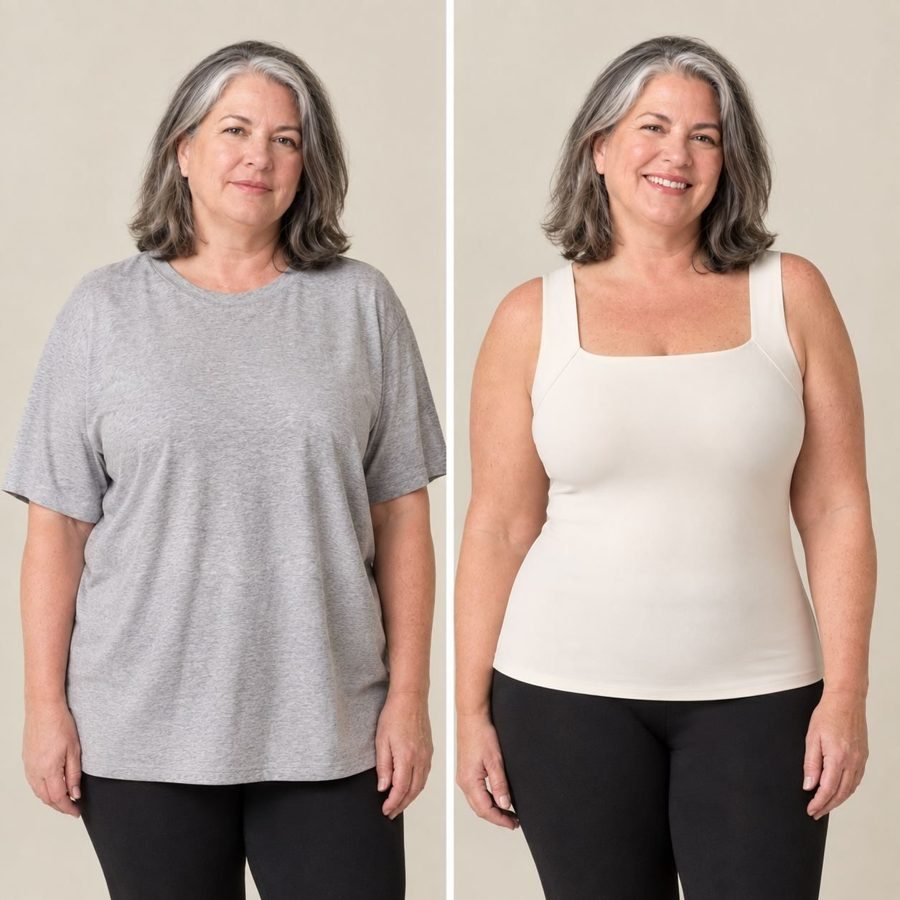 Same woman in an oversized grey t-shirt, then in a fitted white Maggies Tank