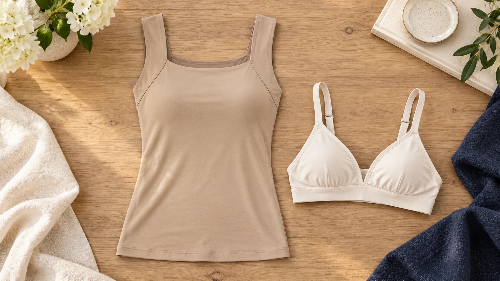 Nude tank top and a separate white bralette on a wooden tabletop