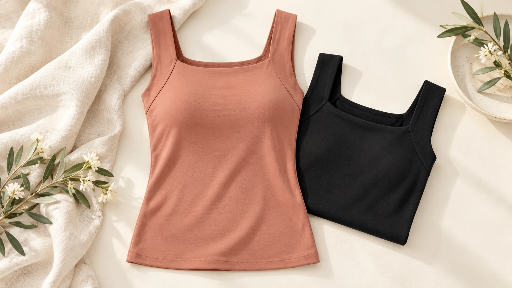 Dusty rose and black square-neck tank tops on cream linen