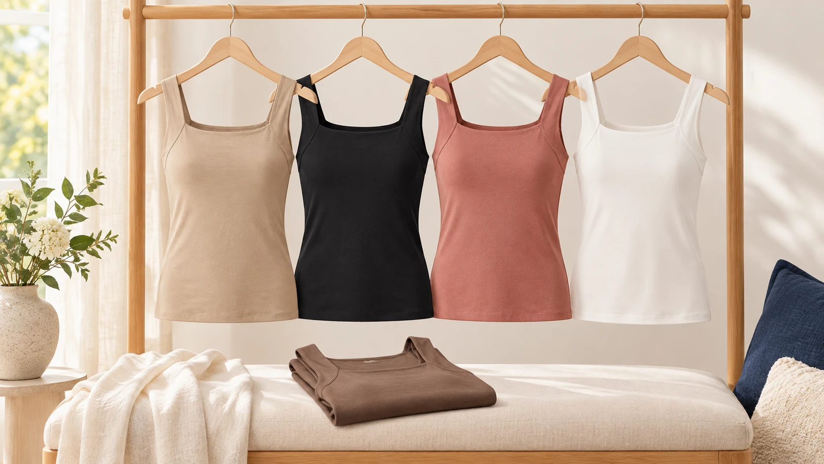 Tank tops in four colors on a wooden rail beside a folded coffee tank