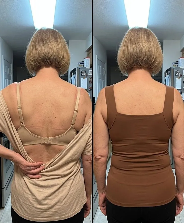 Back view: bra showing under a loose top, then a coffee Maggies Tank