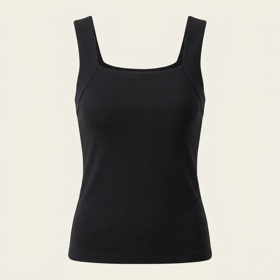 Black square-neck Maggies Tanks tank top with built-in bra support front view
