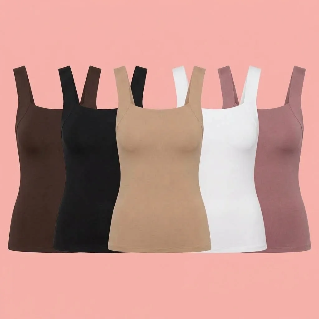 Maggies Tanks women's square neck fitted tank tops in a 5-color bundle: Espresso, Black, Tan, White, and Dusty Mauve.