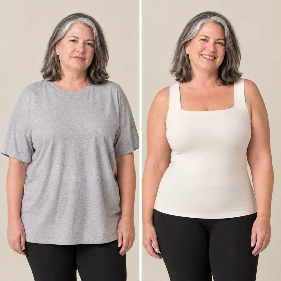 Same woman in an oversized grey t-shirt, then in a fitted white Maggies Tank