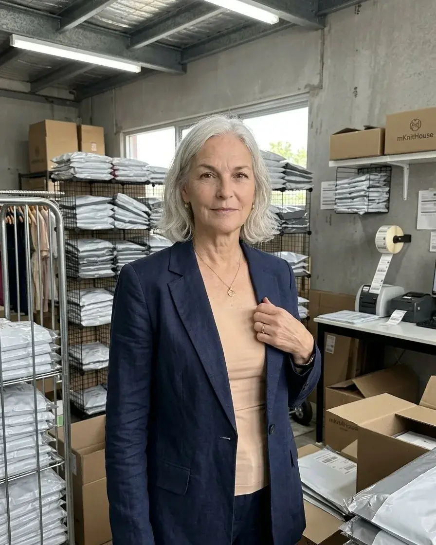 Woman standing beside fabric rolls in a workroom